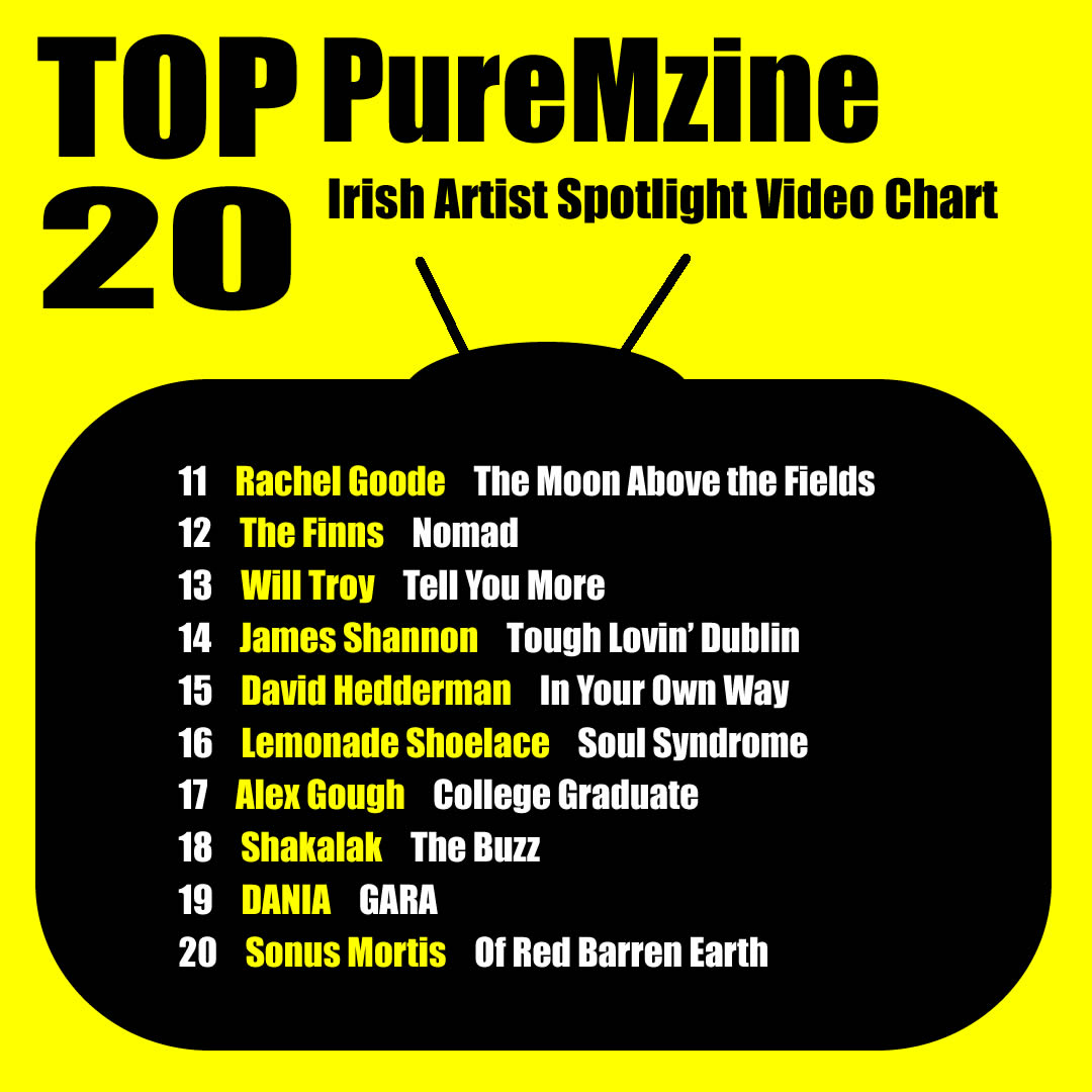 Irish artist top 20 Spotlight video chart, December 10th @JuniorBrotherIE @CableBoy3 @chalk_band @d_ream_music @reallygoodtimee @JohnDoherty_ @the_psychs @SamSegurado @goode_rachel @TheFinnsMusic