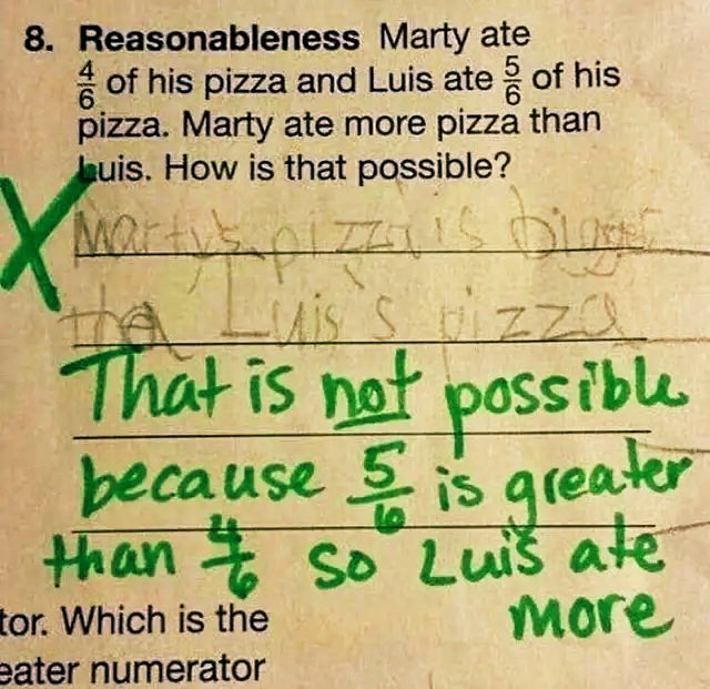 Idk seems like the student is right. One of the possibilities is that Marty's pizza is bigger. Why wouldn't it be possible? Also, it's in the exercise that Marty ate more.