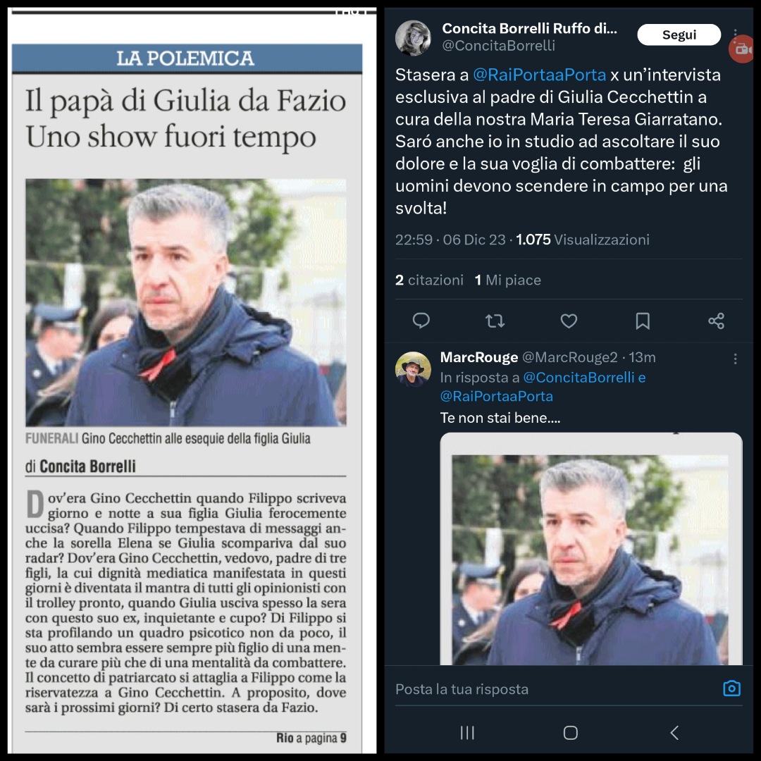 siriomerenda's tweet image. per chi lavora Concita Borrelli? E perché alla Rai a Porta a Porta era "voglia di combattere" e sul 9 è uno "show fuori dal tempo"?
sciacallare su Gino Cecchettin per colpire Fazio è stupido e disumano...
vabbè poi sul Giornale...
#GinoCecchettin #Borrelli #GiuliaCecchetin #CTCF