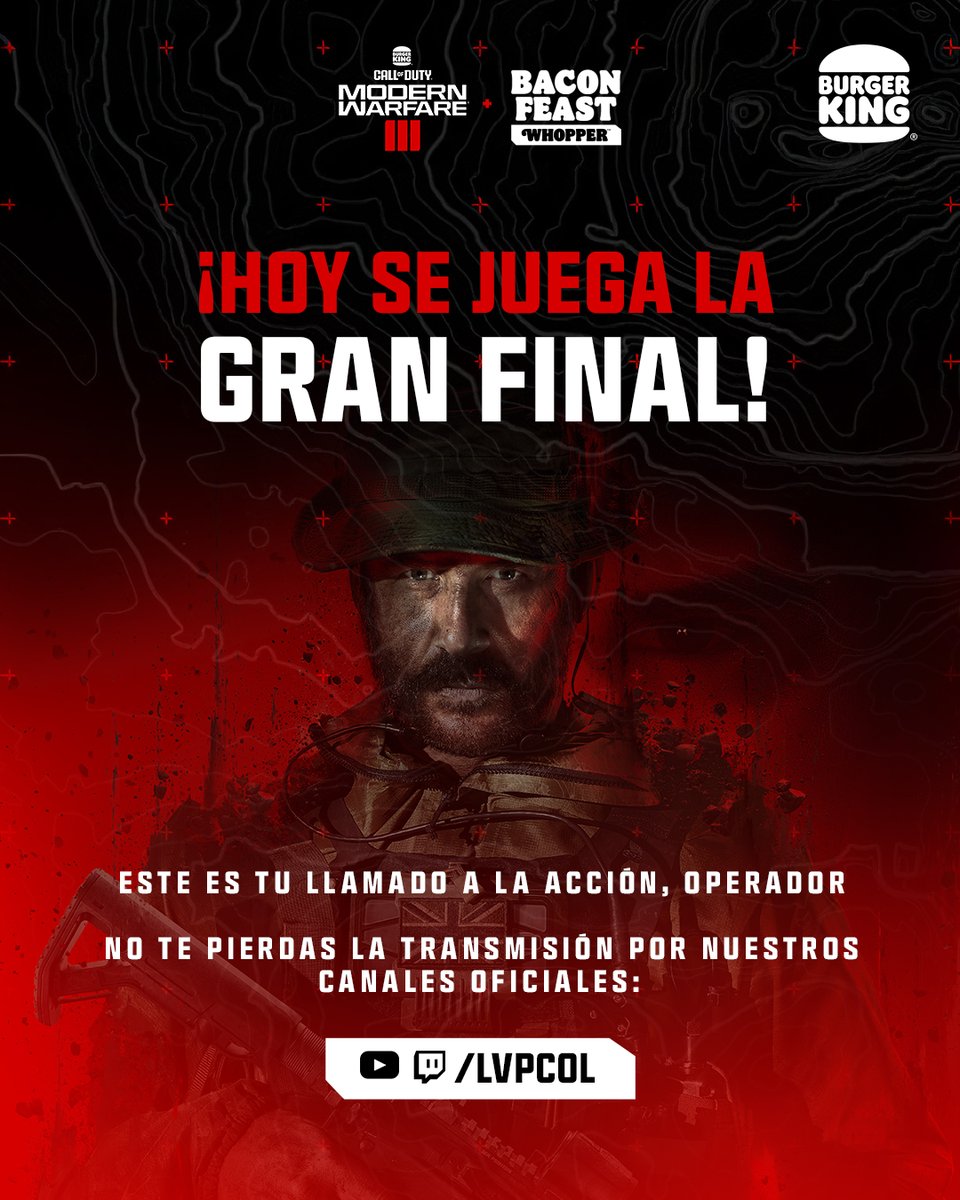 🚨 HOY tendremos campeón 🚨

Los mejores operadores de toda Colombia llegaron hasta esta Gran Final para alcanzar la corona del COD MWIII Bacon Feast 🍔🏆

No te pierdas la transmisión:
twitch.tv/lvpcol 📺
youtube.com/lvpcol ▶️
05:00PM 🇨🇴

#BurgerTown
