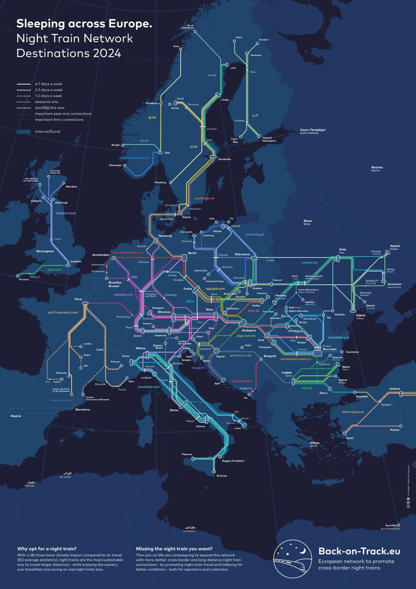 Here's our new #nighttrains map for 2024 including the new lines starting today. Anything missing? Any mistakes? Please note we don't include irregular car-only and cruise trains.