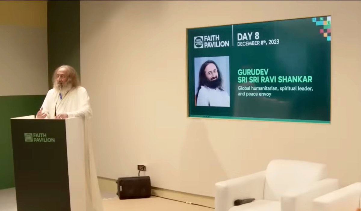Gurudev's tweet photo. Gave a talk at the ‘Faith Pavilion’ at  @COP28_UAE in Dubai. When one-third of the population is suffering from mental health challenges, they cannot care for the planet unless they care for their mind. So mental health cannot be ignored if we want an eco-friendly planet. https://t.co/1lYCEwjmKt
