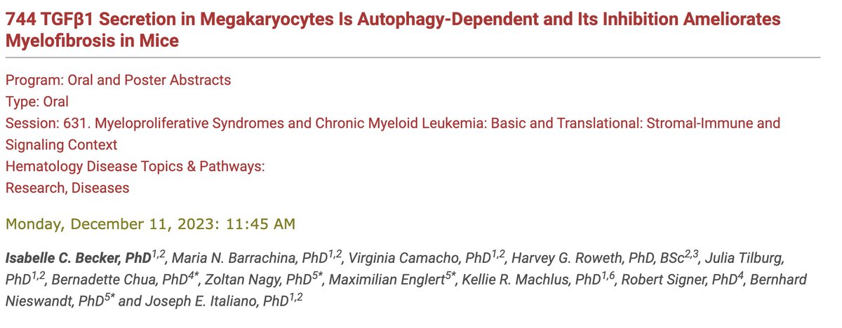 Want to learn about a potential new mechanism by which MKs secrete TGFB and how inhibiting this process ameliorates myelofibrosis in mice? The amazing @isabellecarlota will present on Monday at 11:45am Ballroom 20AB @ASH2023 ash.confex.com/ash/2023/webpr…