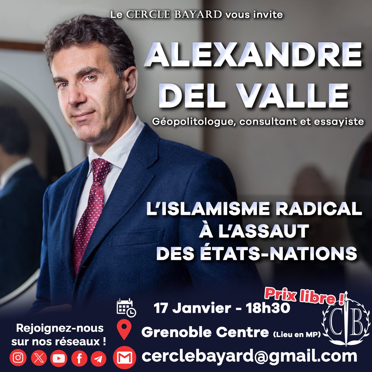 🚨📢 À vos agendas ! 📔 

Nous aurons le plaisir de recevoir <a href="/alexdelvalle3/">Alexandre del Valle</a> mercredi 17 janvier à #Grenoble❗️

➡️ Inscrivez-vous dès à présent.