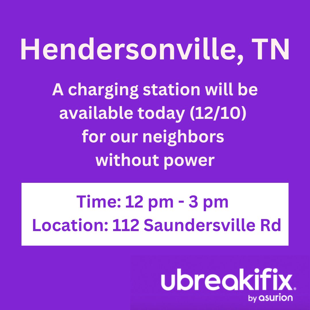 For our neighbors impacted by the #Hendersonville tornado, we'll have a van parked outside our 112 Saundersville Road store location for you to charge your devices #HendersonvilleTN #NashvilleTornado2023