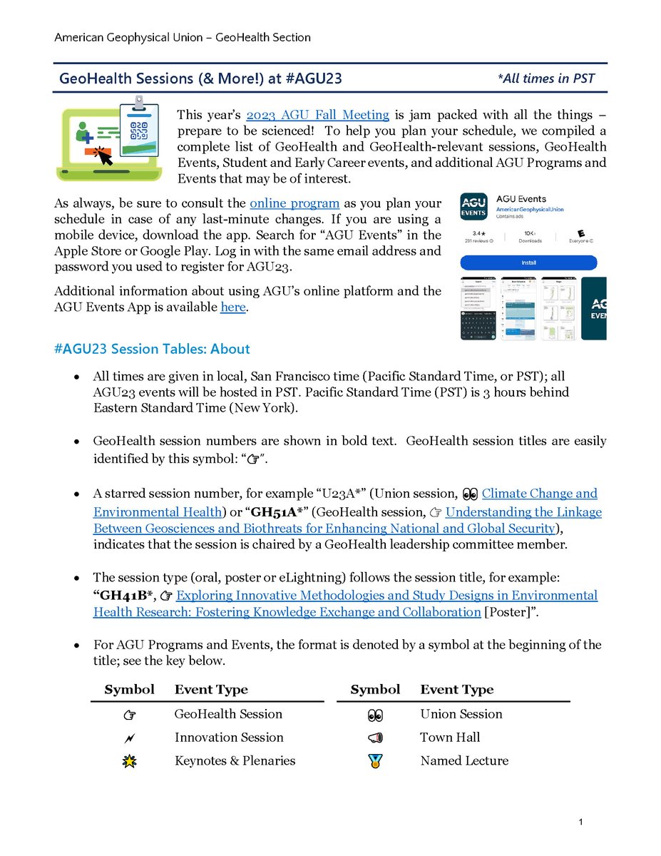 #AGU23 is here! 

To help you plan your schedule, we compiled a complete list of GeoHealth and GeoHealth-relevant sessions, GeoHealth Events, Student and Early Career events, and additional AGU Programs and Events that may be of interest. 

See the guide below.