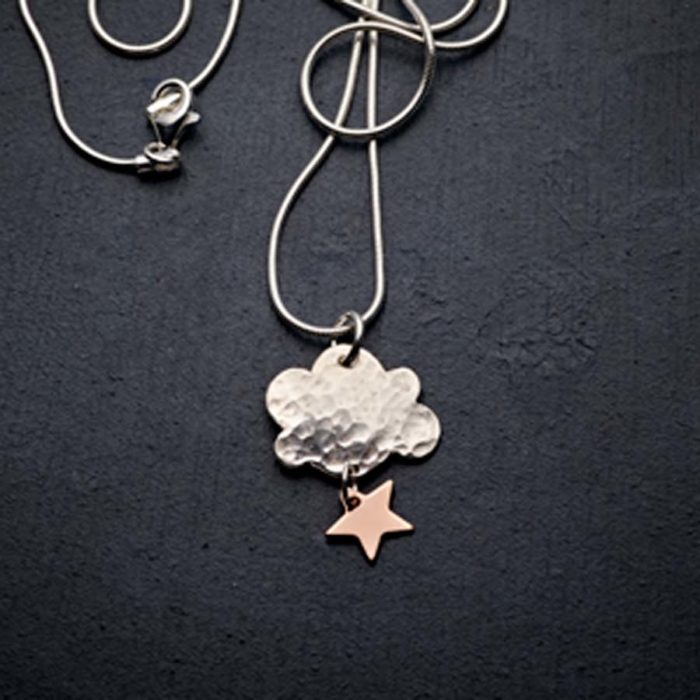 This exquisite, sterling silver night-cloud pendant with a gold-plated evening star has been made of beaten and textured silver and rose-gold plate by jewellery designer/maker Sheila Raven at her studio in Oxfordshire, England. cloudappreciationsociety.org/shop/silver-cl…