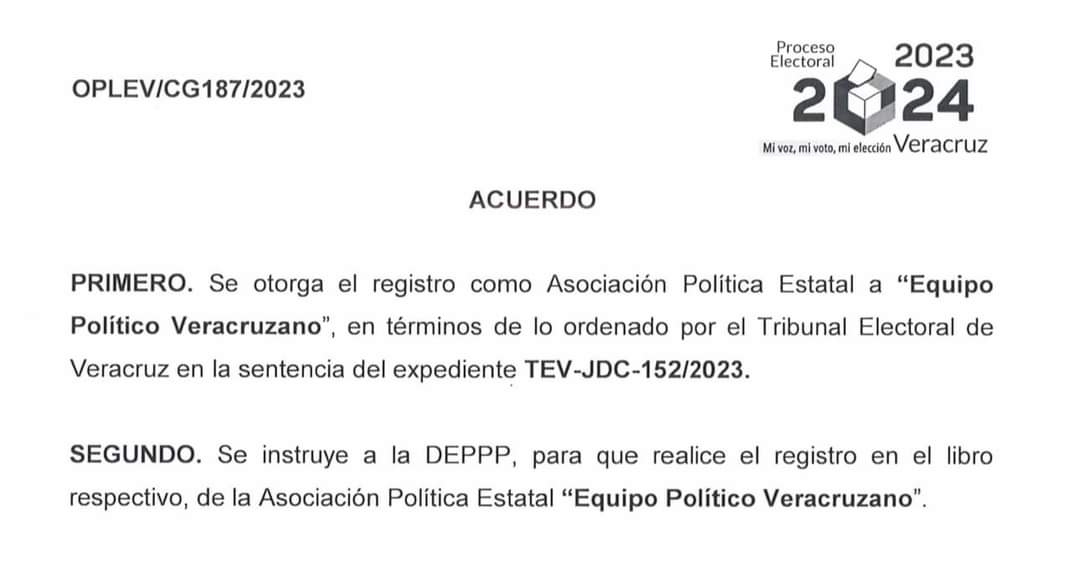 Acuerdo del Consejo General del Organismo Público Electoral de Veracruz, donde nos otorga el registro como Asociación Política al “Equipo Político Veracruzano”. #VeracruzUnSoloEquipo #Ruta24 @seguidores @destacar