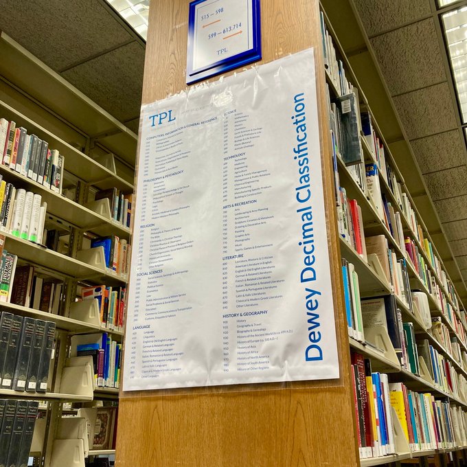 Dewey Decimal Classification Sign hanging between aisles at public library