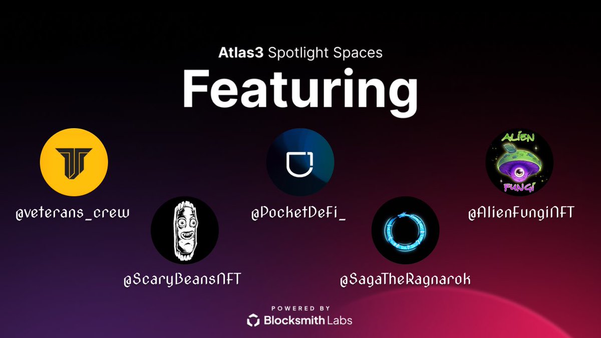 🎤Join us tomorrow for our next Atlas3 Spotlight Spaces!

👥Hosted by:
<a href="/NowFullyHyped/">rastaRas</a>,<a href="/LeviGMI/">Levi</a> &amp; <a href="/umbasxbt/">UM₿A$</a> 

🌟Featuring:
<a href="/veterans_crew/">Veterans 🎖️ | Creative Network in Solana</a>,<a href="/PocketDeFi_/">Pocket DeFi</a>,@SagaTheRagnarok,<a href="/ScaryBeansNFT/">ScaryBeans</a>,@AlienFungiNFT 

Set your reminders 👇