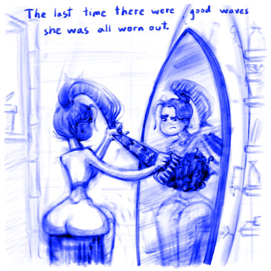 (25/31) blue ink series #hair #comb #mirror #selfcare #girl #surfing #blueink #bluepencil #shortstory #story #comic #book #graphicnovel #webcomic #webtoon #originalcharacter #childrensbook #procreate #art #illustration #ink #drawing #beach #surf #jungle #tropical #anime #manga