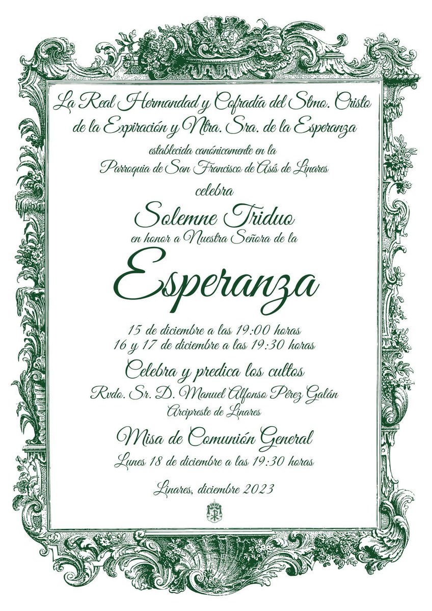 La jornada del viernes 15 se inaugurará a las 19:00 horas, mientras que el 16 y 17 de diciembre dará inicio a las 19:30 horas.

Posteriormente, el lunes 18 de diciembre, se llevará a cabo la Misa de Comunión General a las 19:30 horas.

#ExpiraciónLinares