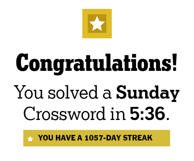 BroomYanker's tweet photo. Not my fastest Sunday #nytxw, but faster than my Saturday time (by ten seconds!), which hasn't happened in a while. https://t.co/z9A2FPsl7Y