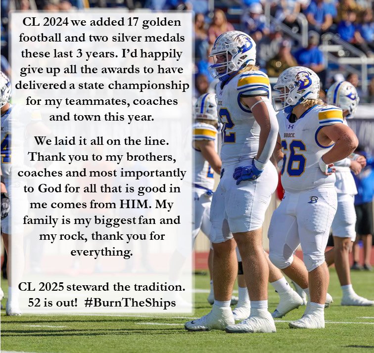 Two things remain true, God is good and losing sucks. I love to battle good teams because Iron sharpens Iron and @brock_football we had some wars these past 3 seasons. We held up the tradition and will always be Brock 🦅. #BurnTheShip #RollBrock