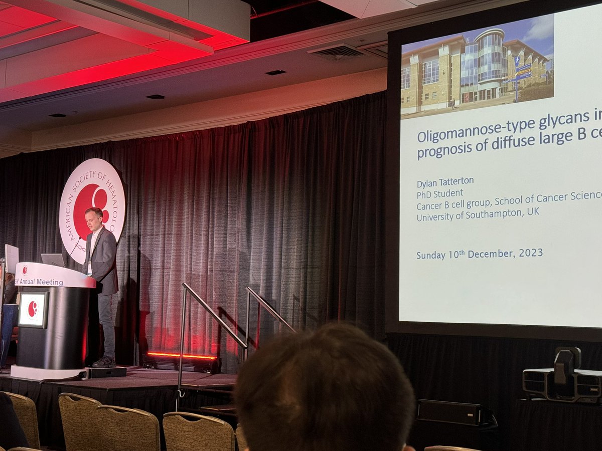 At #ASH2023 watching one of our PHD students, at Dylan Tatterton, present their PHD studies, entitled ‘Oligomannose-Type Glycans in the Antigen Binding Site Identify Origin and Prognosis of Diffuse Large B Cell Lymphoma’. Brilliant talk from a talented graduate student. Congrats
