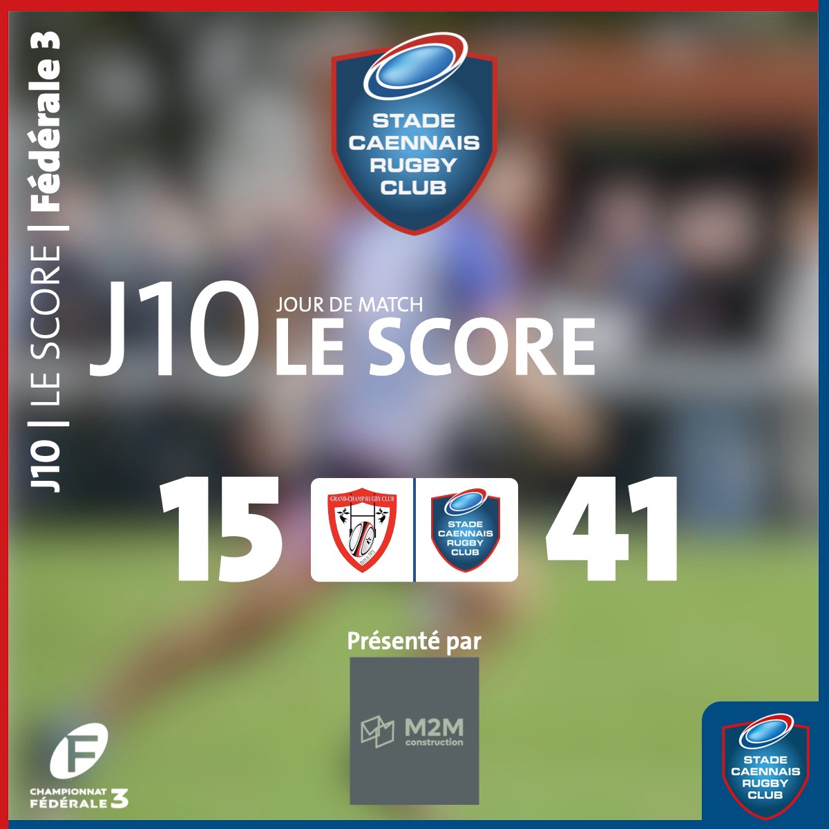 StadeCaennaisRC's tweet image. DOUBLE VICTOIRE !

Les Seniors du SCRC ont renoué avec la victoire face à Grand-Champ, sur le score de 15-41 pour la Féd. 3 et de 0-27 pour l’Excellence B.

Score présenté par M2M Construction, partenaire du Stade Caennais Rugby Club.
.
.
#rugby
#rugbyclub
#fed3
@sportacaen