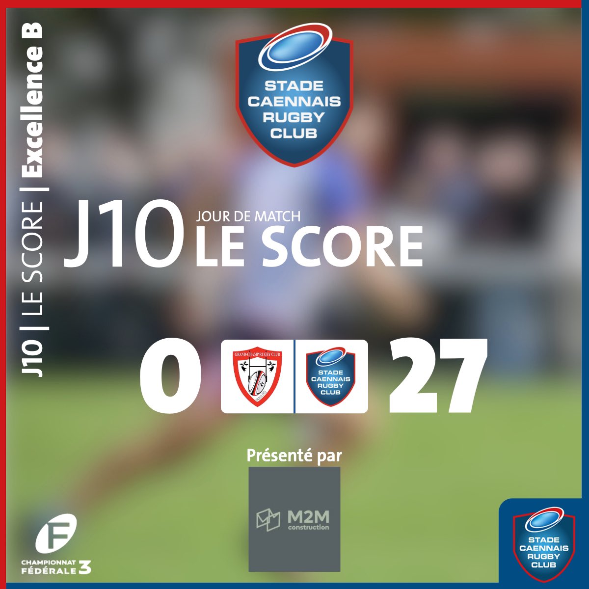 StadeCaennaisRC's tweet image. DOUBLE VICTOIRE !

Les Seniors du SCRC ont renoué avec la victoire face à Grand-Champ, sur le score de 15-41 pour la Féd. 3 et de 0-27 pour l’Excellence B.

Score présenté par M2M Construction, partenaire du Stade Caennais Rugby Club.
.
.
#rugby
#rugbyclub
#fed3
@sportacaen