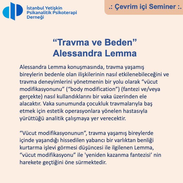 istanbuliyppd's tweet photo. #psikanalitikpsikoterapi #psikanaliz #psikoloji #travmavebeden #travma #iyppd #psikanalizseminerleri https://t.co/bbwal25Vjr