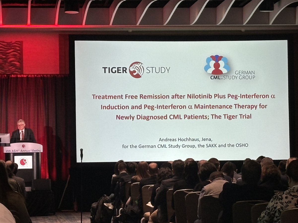 FlorianHeidel's tweet photo. TIGER on stage: excellent presentation of interesting #cml data by @AndreasHochhaus  Nilotinib plus pegIFN results in trend towards improvement of long term TFR. #ASH2023 https://t.co/nK7dXZ3ejW