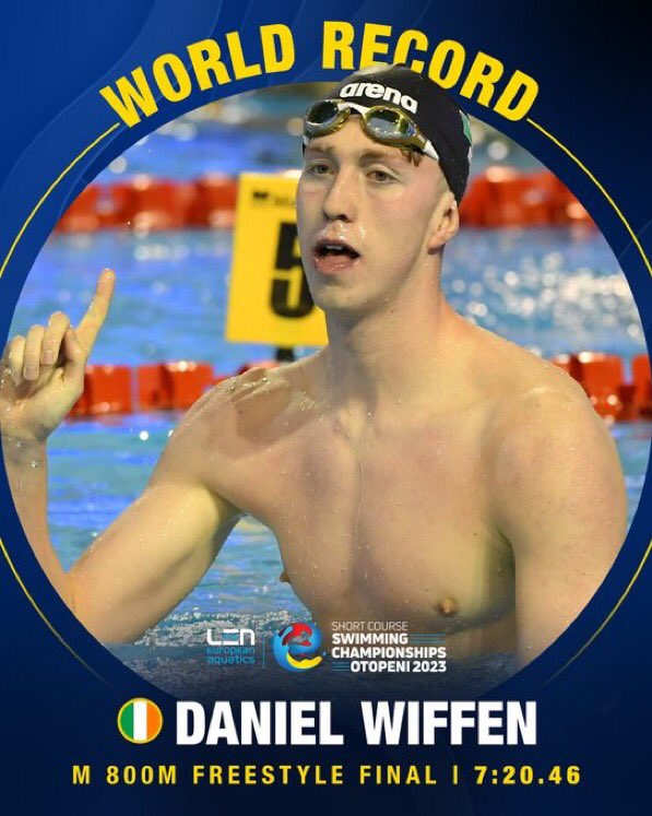 Ah lads, @swimireland @WiffenDaniel just smashed Grant Hackett’s 15yo 800m freestyle record at European Short Course @LENaquatics C’hips by 2 seconds!😱That’s🥇🥇🥇 & think WRec also earns him €10,000 Co Down man still only 22 & a distance macheeeeeen! #teamireland #Paris2024