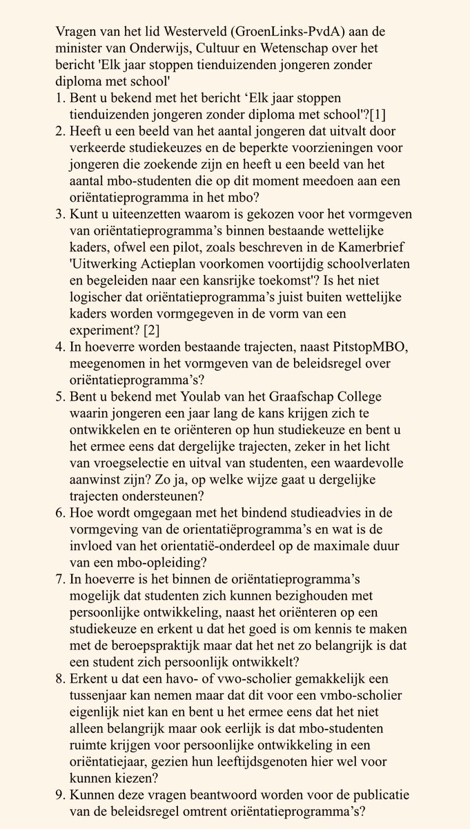 Lisawesterveld's tweet photo. We wéten dat Nederlandse scholieren te vroeg moeten kiezen.

We wéten dat tienduizenden jongeren uitvallen.

Waarom krijgen succesvolle trajecten die uitval verminderen dan geen bekostiging?

Ik pleit hier al jaren voor, maar het komt niet van de grond.🤷🏼‍♀️

Mijn Kamervragen👇🏼 https://t.co/oTMLnfrnW6