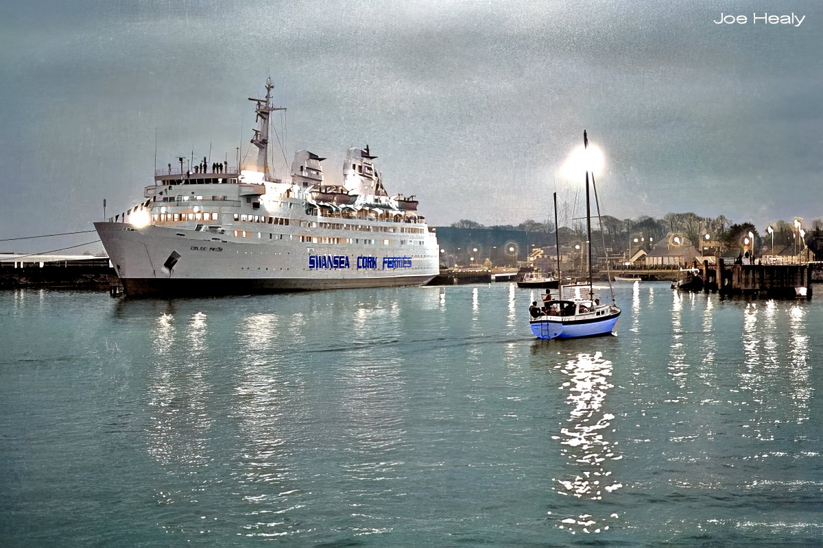 The scene at Ringaskiddy as the Swansea-Cork Ferries Polish registered 'Celtic Pride' prepares to set out on the first sailing from the new ferry terminal in April, 1987 #Ireland #Cork #ferries @PortofCork