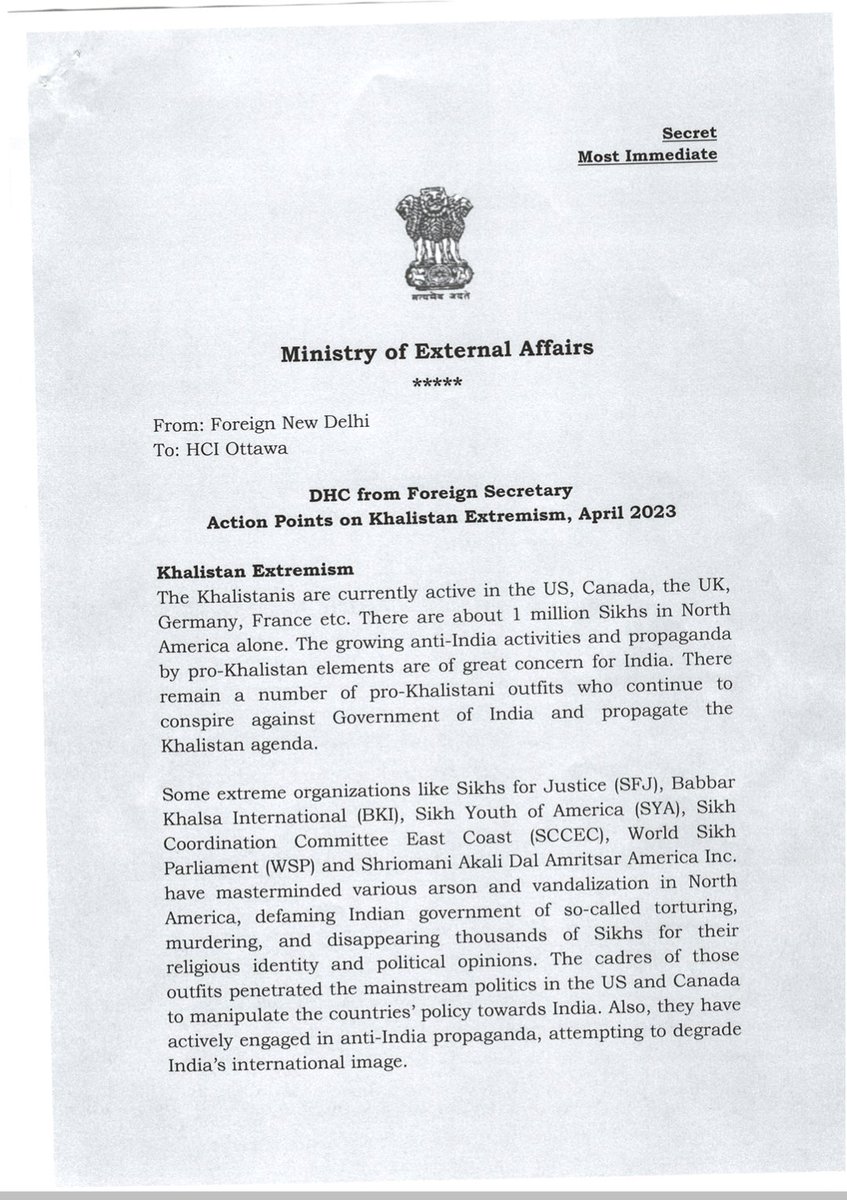 BaazNewsOrg's tweet photo. BREAKING | Baaz has obtained the secret Indian MEA memo on their plan to target diasporic Sikhs, which shows India's campaign to engage in foreign interference in the West through Pro-India orgs, as well as "enhance" coordination between Indian consulates &amp; intelligence agencies. https://t.co/T3WBqLLEHk