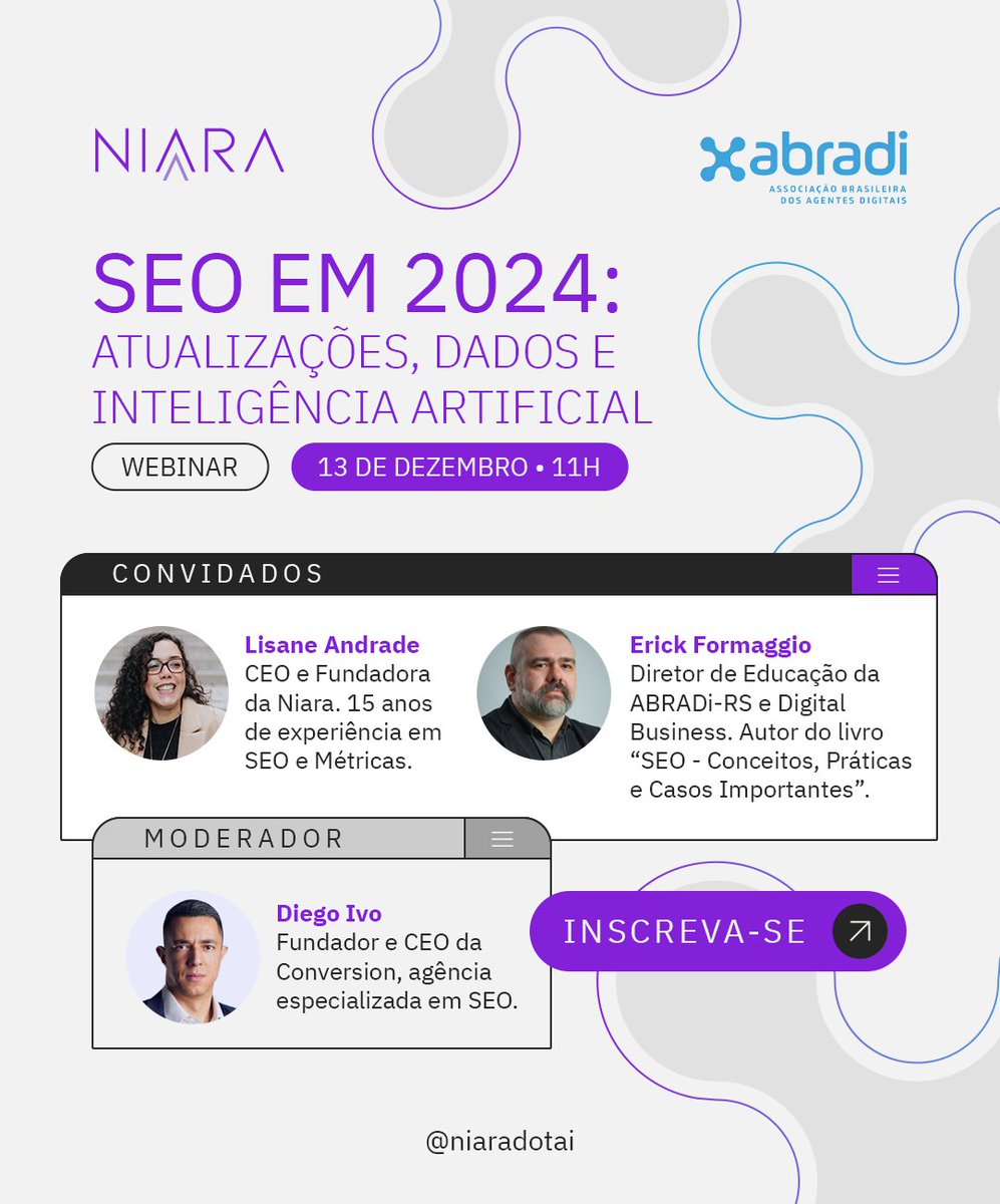 Niara no Webinar da Associação Brasileira das Agências Digitais, dia 13/12 às 11h. Com <a href="/lisaneandrade/">Lisane Andrade</a>, <a href="/erickformaggio/">Erick Formaggio</a>
 e <a href="/diegoivo/">Diego Ivo</a>.

Saia na frente e saiba as principais tendências de SEO e IA para impulsionar o seu negócio em 2024!

Inscrição grátis em sympla.com.br/evento-online/…