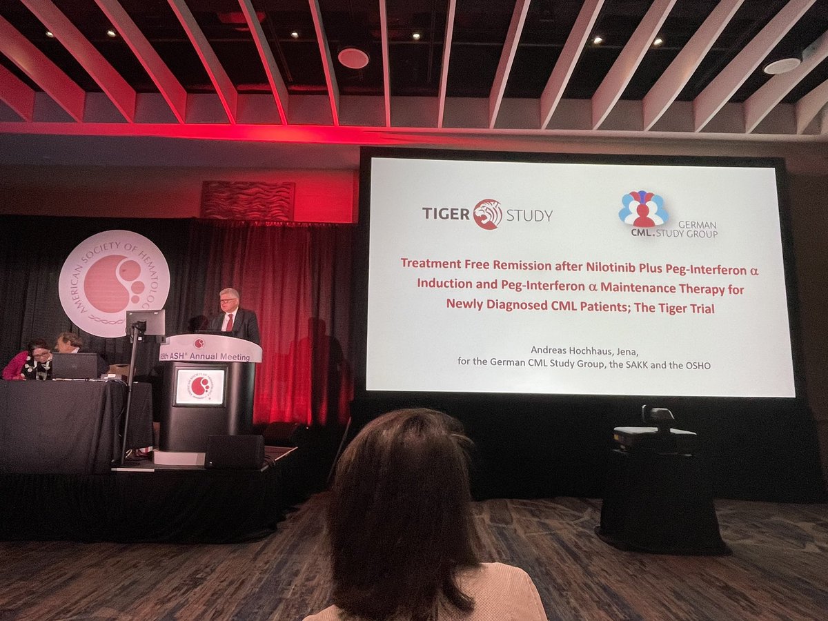 CML expert @AndreasHochhaus presenting data of the CML TIGER study at #ASH23. 95% 8year survival in this study of newly diagnosed CML patients. Amazing how far we have come in 2023, CML outcome and survival was still so different when I first attended ASH in 2008…
