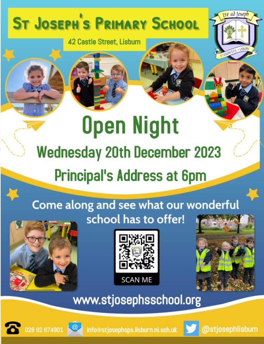 Our P1 Open Night for parents of children who will be starting school in September 2024 is on Wednesday 20th December at 6pm. Come along and see what our wonderful school has to offer! #stjosephsfamily #opennight #primaryone