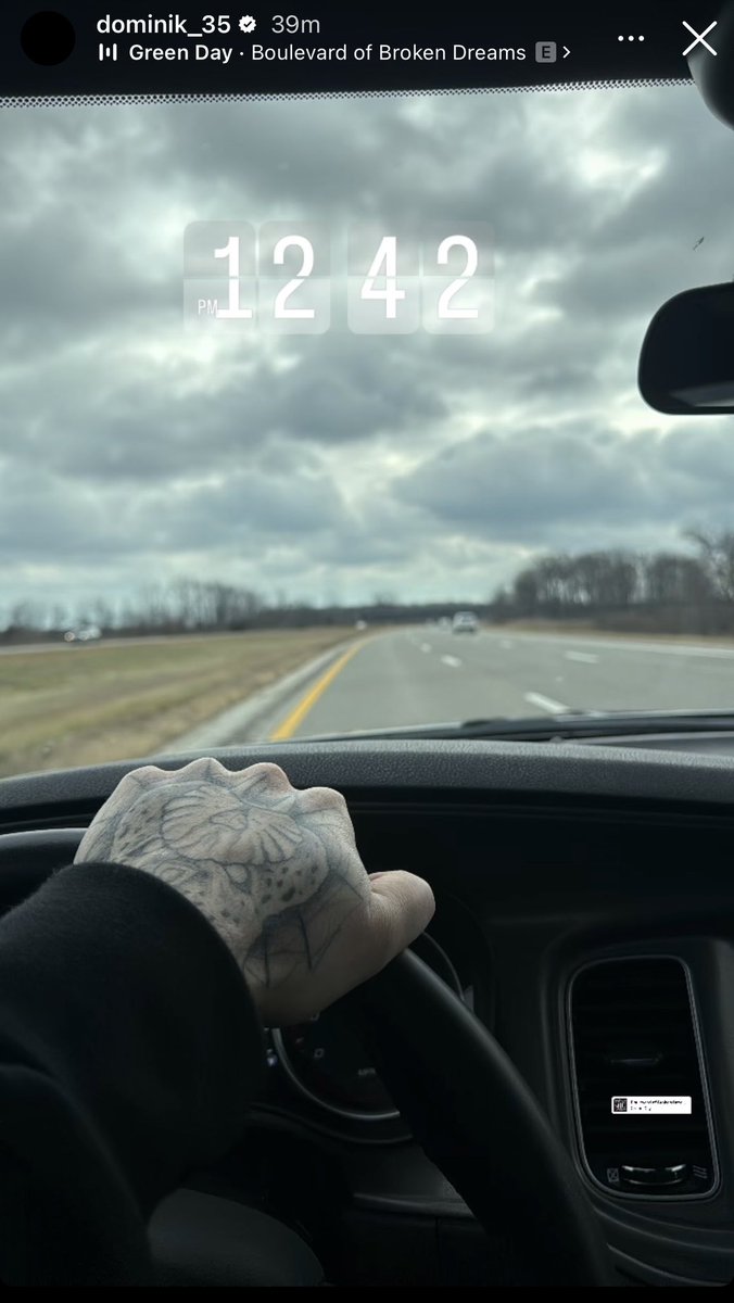 DMUpdates35's tweet photo. Dominik Mysterio posted a photo of himself driving at 12:42 PM on the 10th of December, 2023.

Song that he added: “Boulevard of Broken Dreams” by Green Day https://t.co/MDpTY86oC8