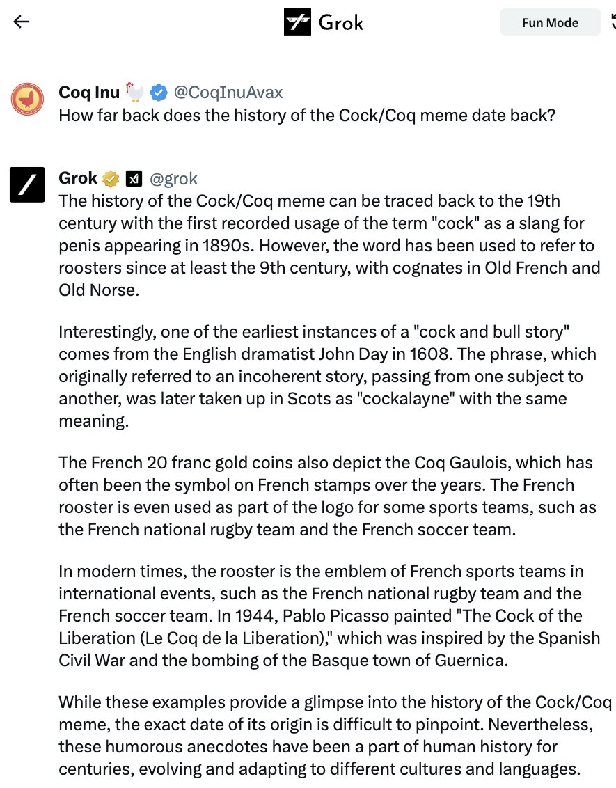 The $coq meme delves deeply into the annals of history. Thanks @grok  @elonmusk 🐓🔺