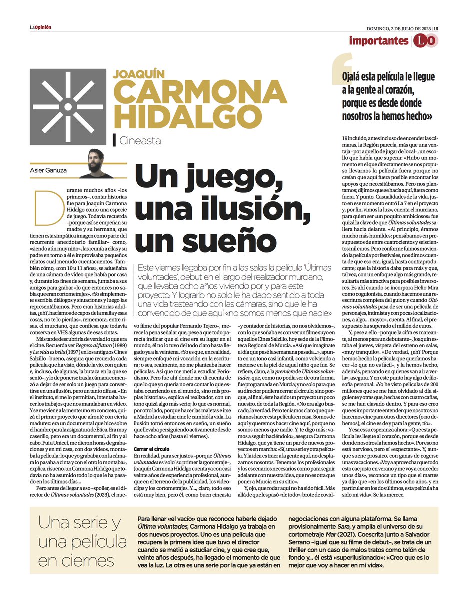 Hace unos meses tuve el honor de ser nombrado "Importante del mes de junio" por el <a href="/diariolaopinion/">La Opinión de Murcia</a>  y esta semana se celebrará la gala de entrega de galardones.

Mil gracias por considerarme para este reconocimiento que me hizo tanta ilusión 🙂 

#diariolaopinion #directordecine
