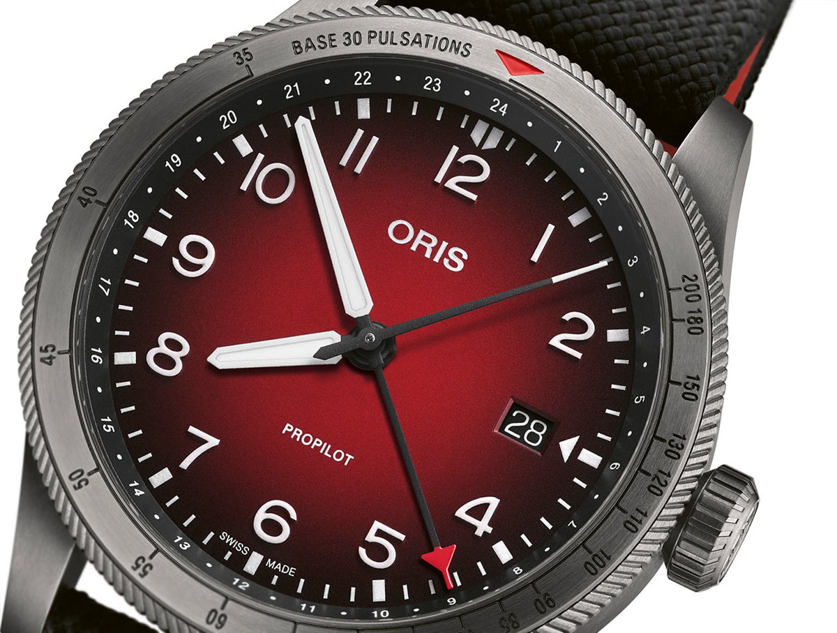 derelojes's tweet photo. Oris ProPilot GMT. Con esfera roja degradada y terminado en PVD gris, este reloj de piloto ofrece una segunda zona horaria y una escala pulsométrica en el bisel https://t.co/l4XNxSkwRI #Oris #OrisProPilot #OrisProPilotGMT #derelojes https://t.co/MvpwLiKziG