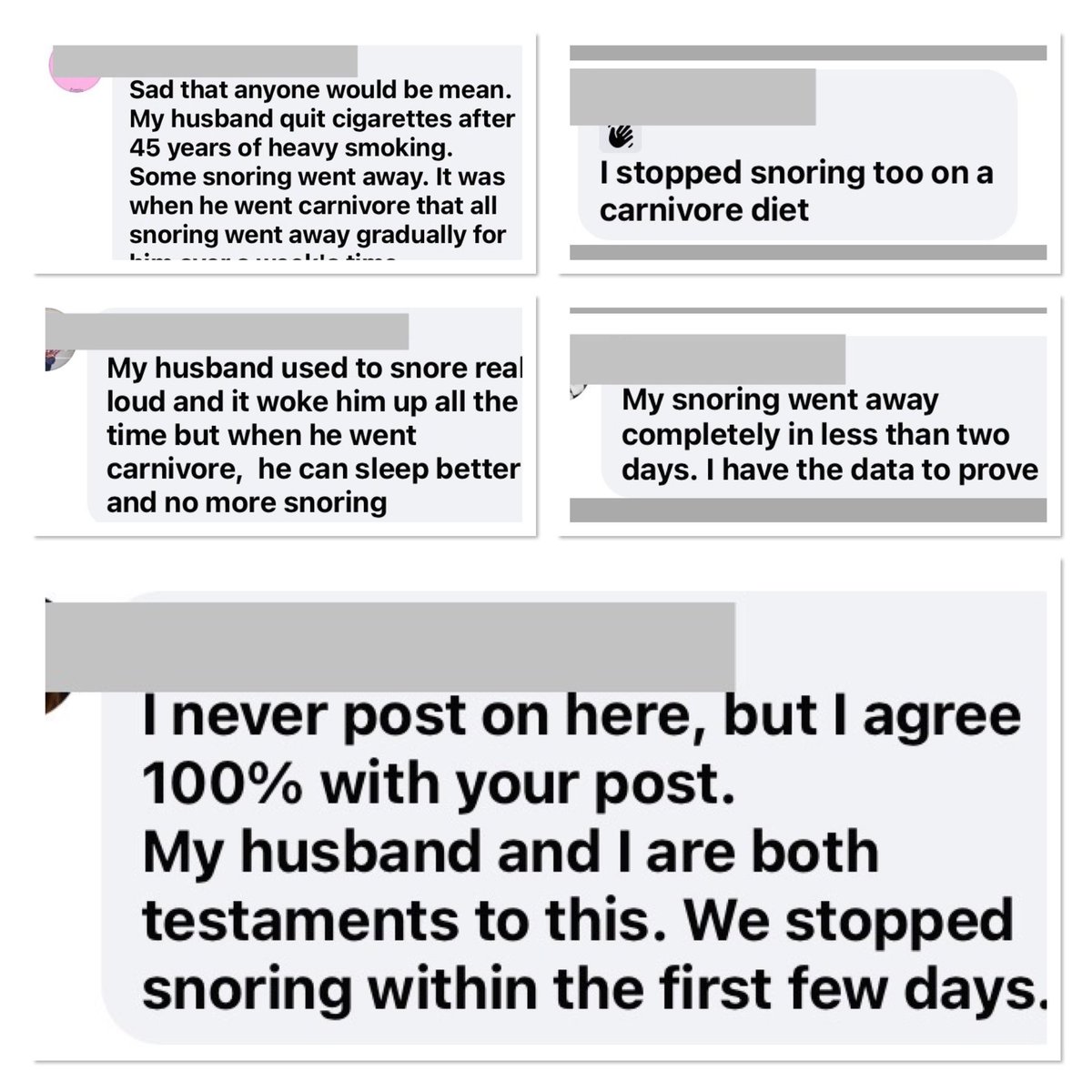 carnivormuscles's tweet photo. I collected a few comments on one of my FB post affirming that lots of people stop snoring after just a few days on the carnivore diet, just like my husband did! #meatheals https://t.co/d6r4hySZ7i