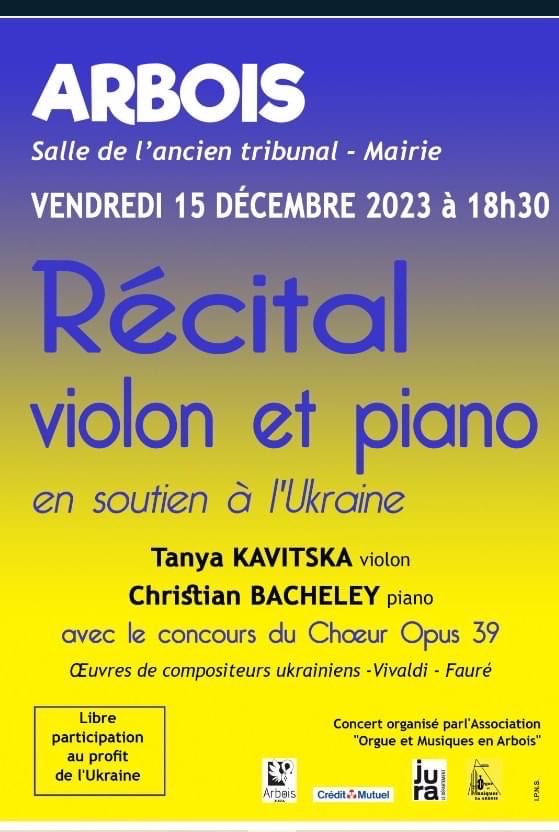 ⁦<a href="/CDJtourisme/">Cœur du Jura Tourisme - Arbois Poligny Salins</a>⁩ ⁦<a href="/VilledArbois/">Villed'Arbois</a>⁩  concert en soutien à l’Ukraine - le 15 décembre à 18h30 - salle du tribunal - Mairie Arbois