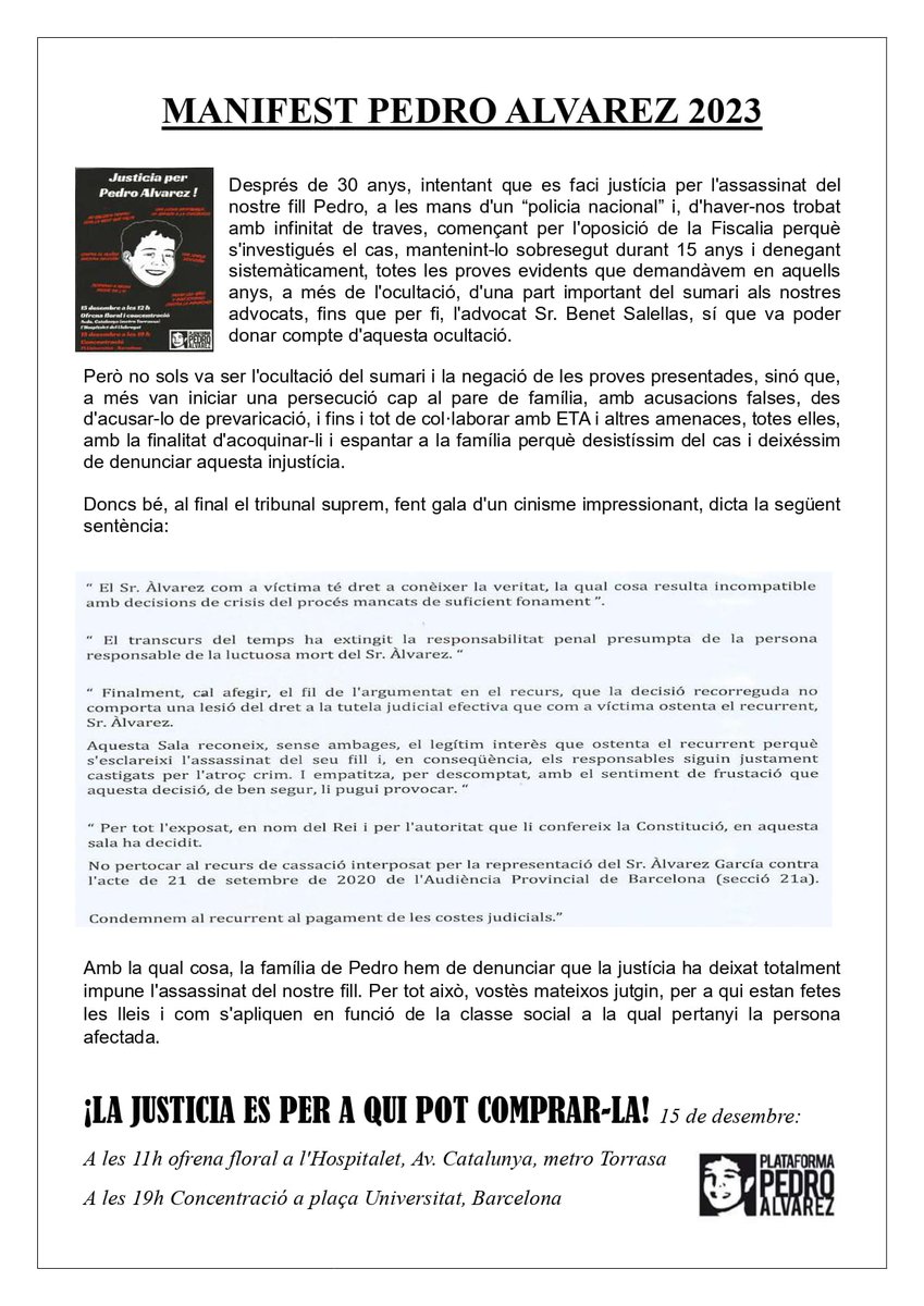 Recordeu que el proper dia 15 de desembre, com cada any, ens trobem per no oblidar l'assassinat de #pedroalvarez per un poli, des de fa 31 anys. #pedrohermanonosotrasnoolvidamos