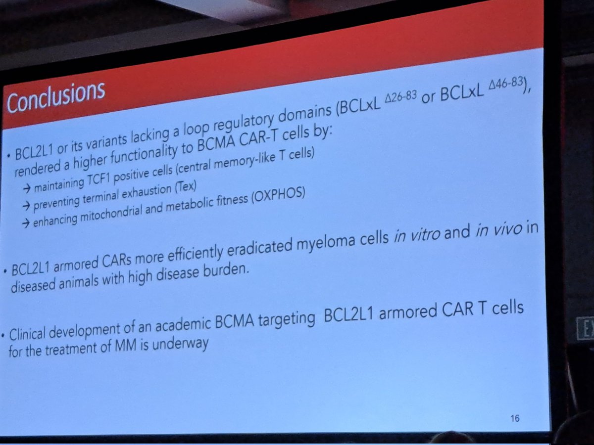 BrunoPaiva_UNAV's tweet photo. Another outstanding study by the group of @NBahlis presented at #ASH23 showing how CAR T cells armored with BCL2L1 became less exhausted and eliminate more efficiently #myeloma cells! #mmsm https://t.co/bOtboO3Zp2