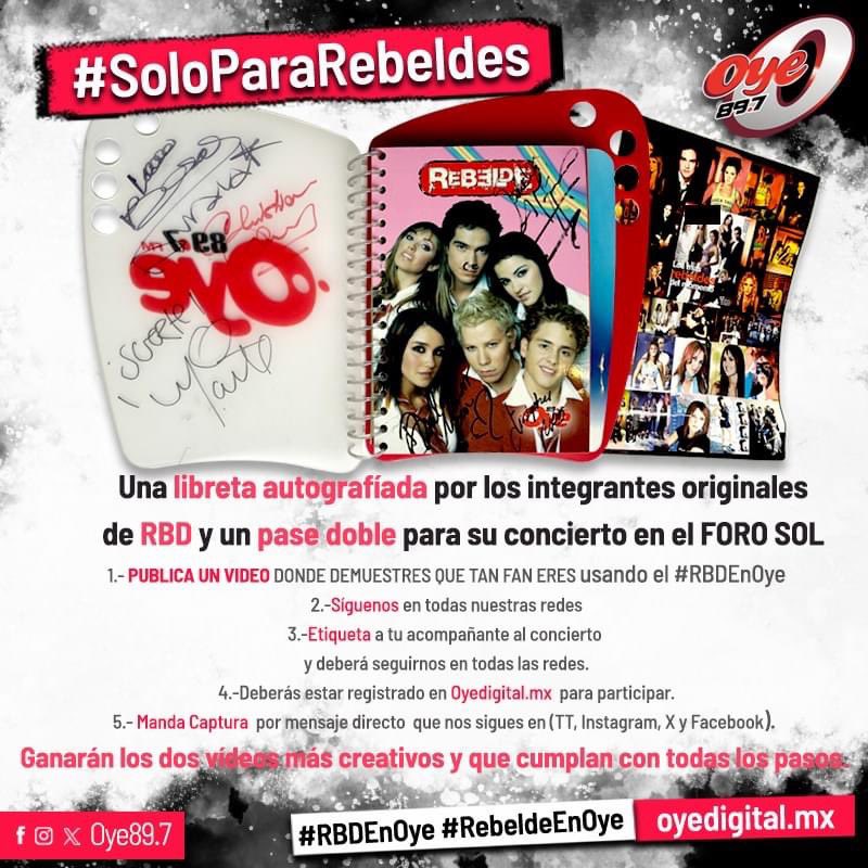 Oye897's tweet photo. ¿Quieres ganarte una libreta autografiada y un pase doble para su próximo concierto en el foro sol?📕🎫

Sigue todos los pasos y no se te olvide etiquetarnos. 🎶

Tienes hasta el lunes 11 de diciembre. 

#RBDEnOye #RebeldeEnOye https://t.co/sN7ZcreDVv