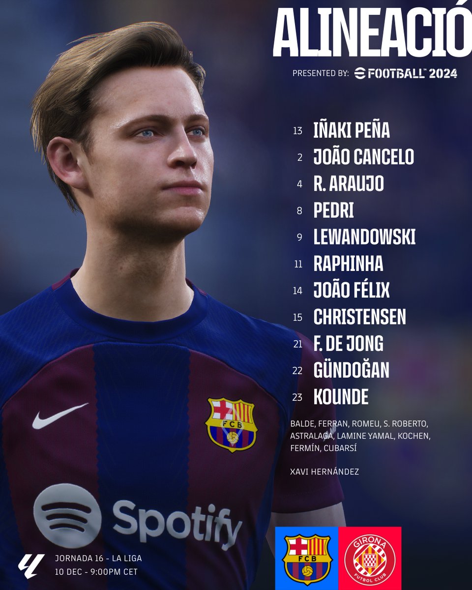 FCBarcelona's tweet photo. 🚨 BARÇA XI 🚨
  #BarçaGirona https://t.co/RPFEE6hJgF