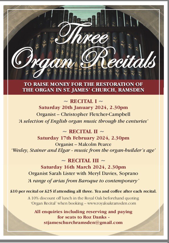 Meryl_Davies's tweet photo. Delighted to be singing at St. James in #Ramsden in March 2024 as part of their organ fundraiser. I'll be singing a selection of wonderful arias, accompanied by Sarah Lister. We'll also be performing this recital in #Oxford and my local church, I'll tweet nearer the time. https://t.co/4QsQPiNNMT