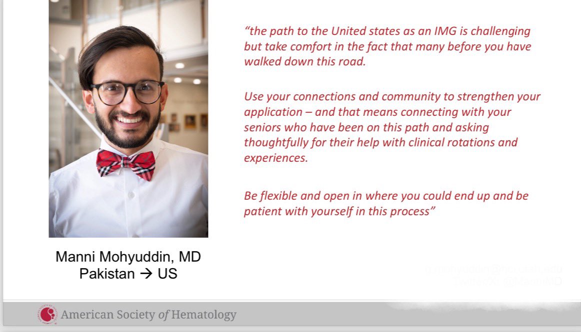 Wise advice for IMGs from <a href="/ManniMD1/">Manni Mohyuddin</a> #ASH23 👇🏻