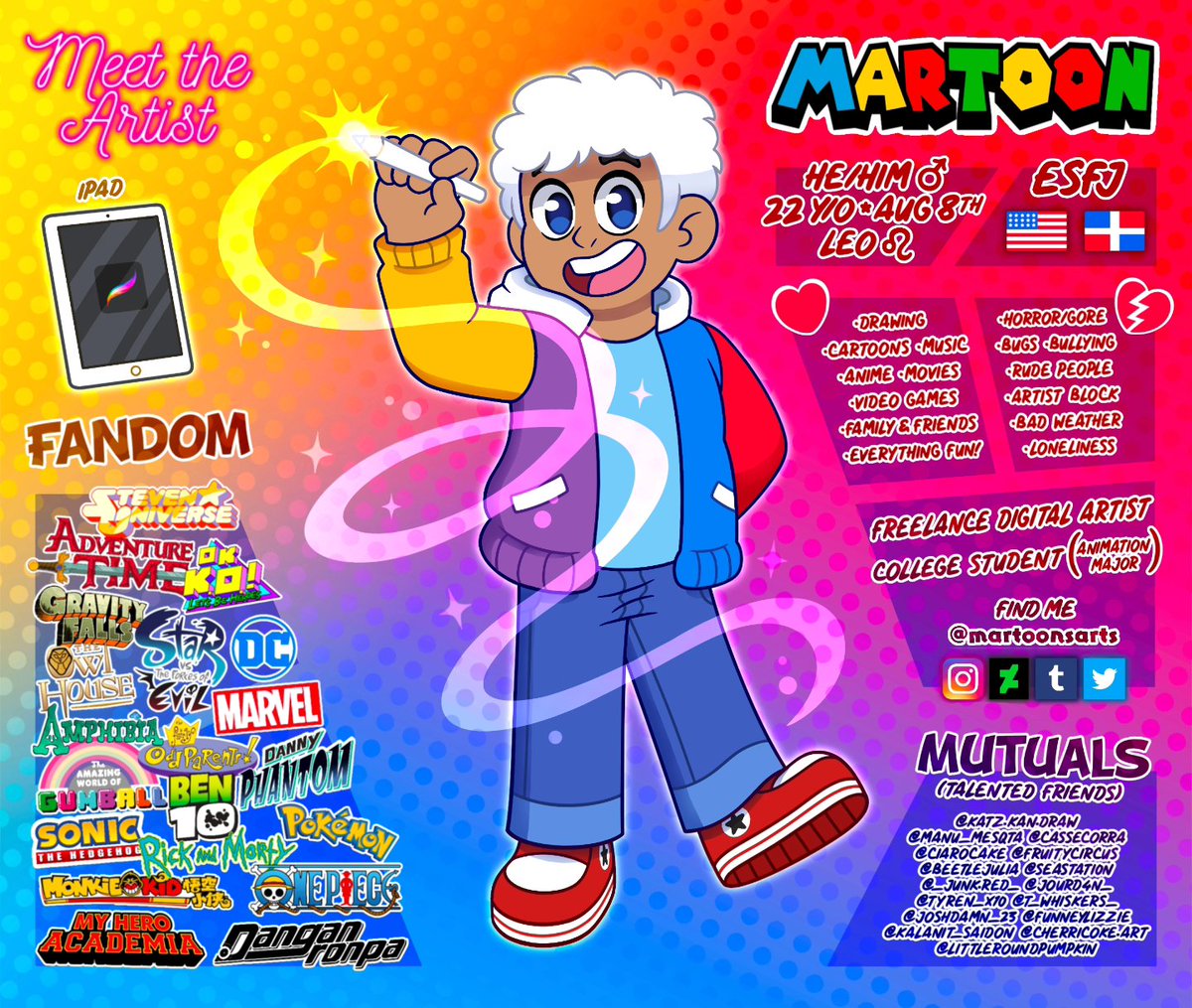 martoonsarts's tweet image. Martoon's Artist Profile 🎨
This is my selfsona! Doesn't look like me at all but it's what I imagine looking like 😁✌️
#meettheartist #meettheartist2023 #digitalartist #2dart #2danimation #cartoon #drawing #selfsona