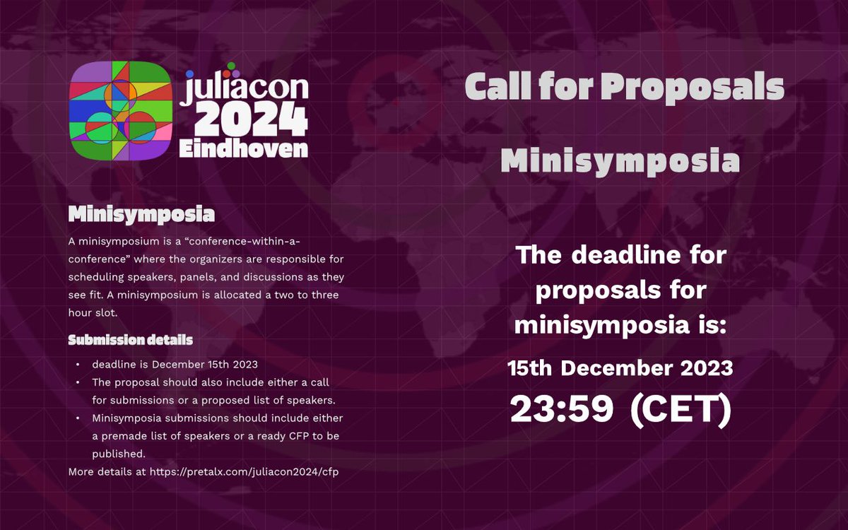 JuliaConOrg's tweet image. The JuliaCon 2024 CFP deadline for Mini-Symposia is Friday 15th December 23:59 CET.
Please submit your ideas on pretalx
pretalx.com/juliacon2024/c…
#julialang #DataScience #conference