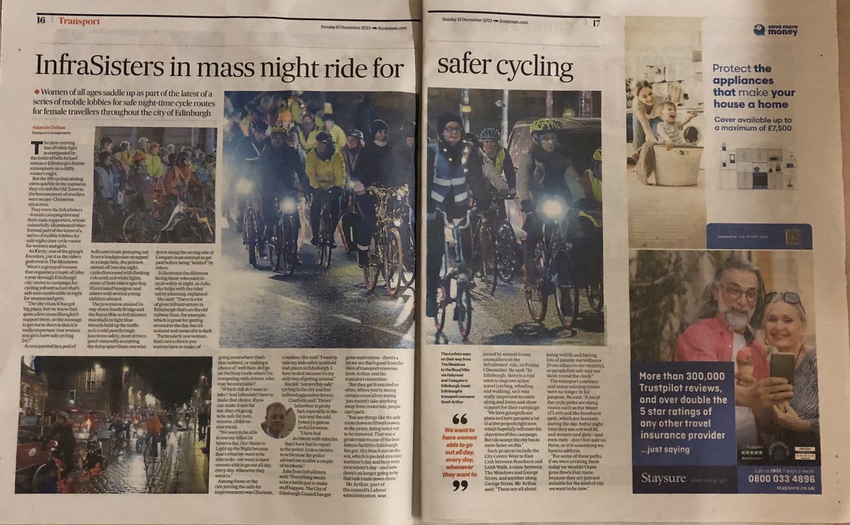 We’re in the paper 😀. Great to see this spread in <a href="/scotonsunday/">Scotland on Sunday</a> on the <a href="/InfraSisters/">InfraSisters</a>.  Our message is clear - Edinburgh must deliver night time cycling infra that’s safe for women and girls. We know many cllrs support this but there’s still a way to go to get 💯% of them.