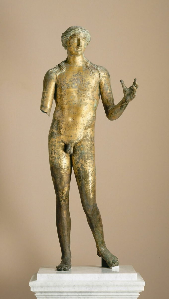 Apollon de Lillebonne 

This bronze statue depicting Apollo of Lillebonne was likely created in the 2nd century AD and went through numerous repairs in Antiquity. He is depicted naked, as typical of this God, and with His hair partially lifted in an intricate hairstyle.