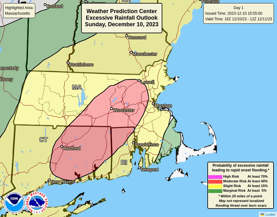 NWSBoston's tweet image. Portions of southern New England have been upgraded to a *MODERATE* risk for excessive rainfall through Monday morning. Between 3-6" of rain is expected in the area in red which may lead to urban, poor drainage, and flash flooding as well as rapid rises on small rivers &amp;amp; streams