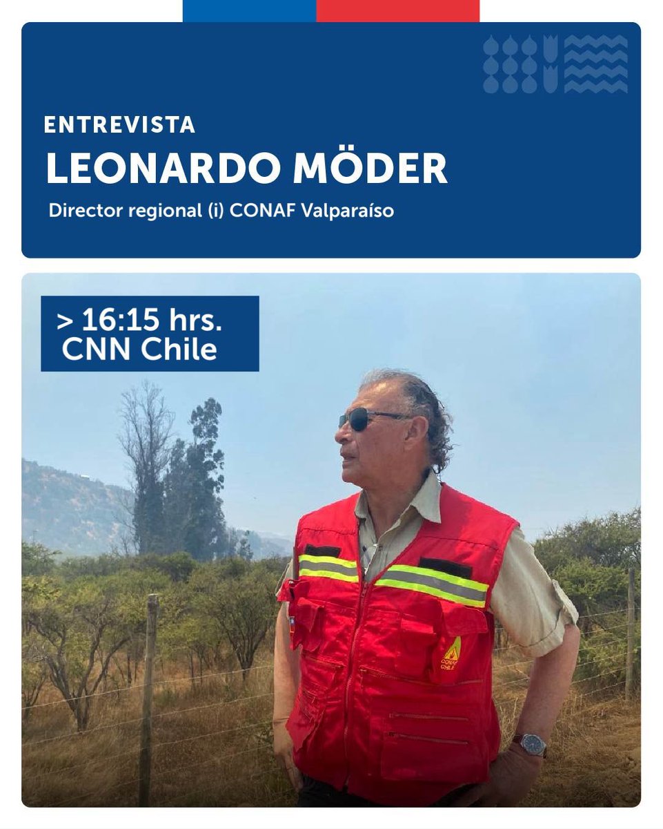 conaf_valpa's tweet photo. ⭕️[16:15 hrs] En entrevista con @CNNChile, director (i) de #CONAFValparaíso, Leonardo Möder, realizará un balance respecto al estado de los #Incendios activos en la Región de #Valparaíso.

➡️#AlertaRoja provincial en #MargaMarga y la comunal en #Valparaíso y #SantoDomingo. https://t.co/njJ3WmhqMa