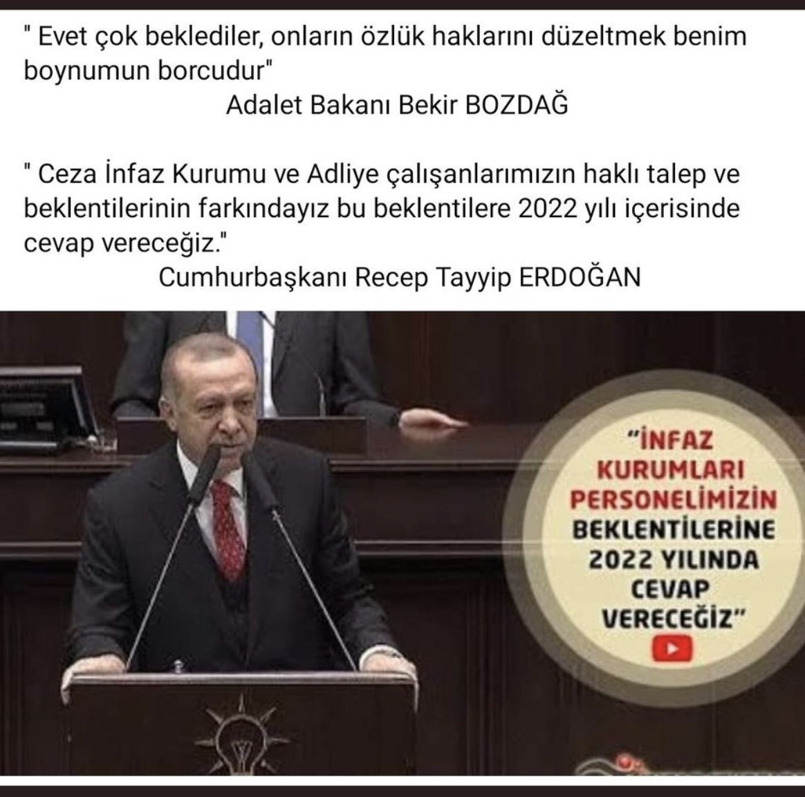 Sayın Cumhurbaşkanım TBMM' ye yeni sunulacak yargı paketinde bu sözün yerine getirilmesi için gereken talimatı vereceğinize 80.000 Cezaevi Personeli olarak inanıyoruz
<a href="/RTErdogan/">Recep Tayyip Erdoğan</a>
<a href="/yilmaztunc/">Yılmaz TUNÇ</a>
<a href="/Akparti/">AK Parti</a>
<a href="/avyurdunuseven/">İbrahim Yurdunuseven 🇹🇷</a>

#infazkorumayargıpaketine