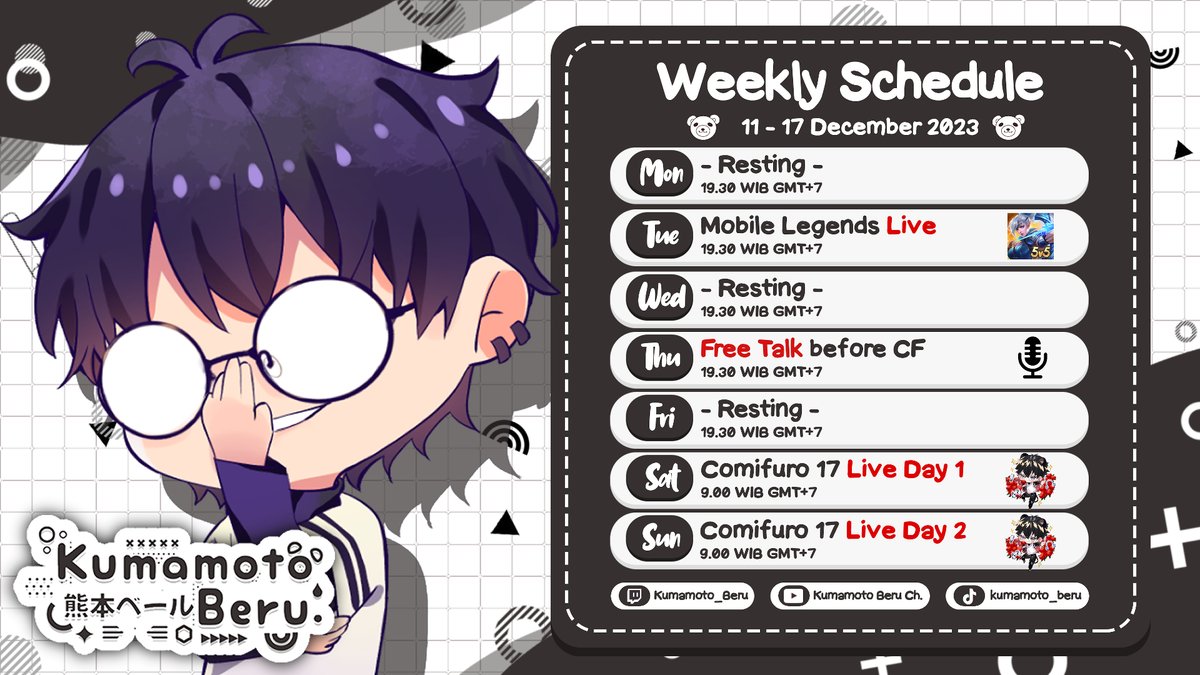 kumamoto_beru's tweet photo. KonKuma! Here is my Schedule~
【Stream】
YouTube ➣ https://t.co/ByWR5ye8vM
Twitch ➣ https://t.co/LTjb16UnYS
【Tags】
General : #Beruaya
FanArt : #Berart
NSFW : #Yaberu
Meme : #Berulah
【Support Beru】
Pantsu ➣ https://t.co/GvTULen9Rh
【Schedule】
11 - 17 December 2023 https://t.co/GPPNu0tfvA